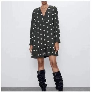 Zara Olive Green Cream Polka Dot Long Sleeve Baby Doll Fall‎ Mini Dress Womens M